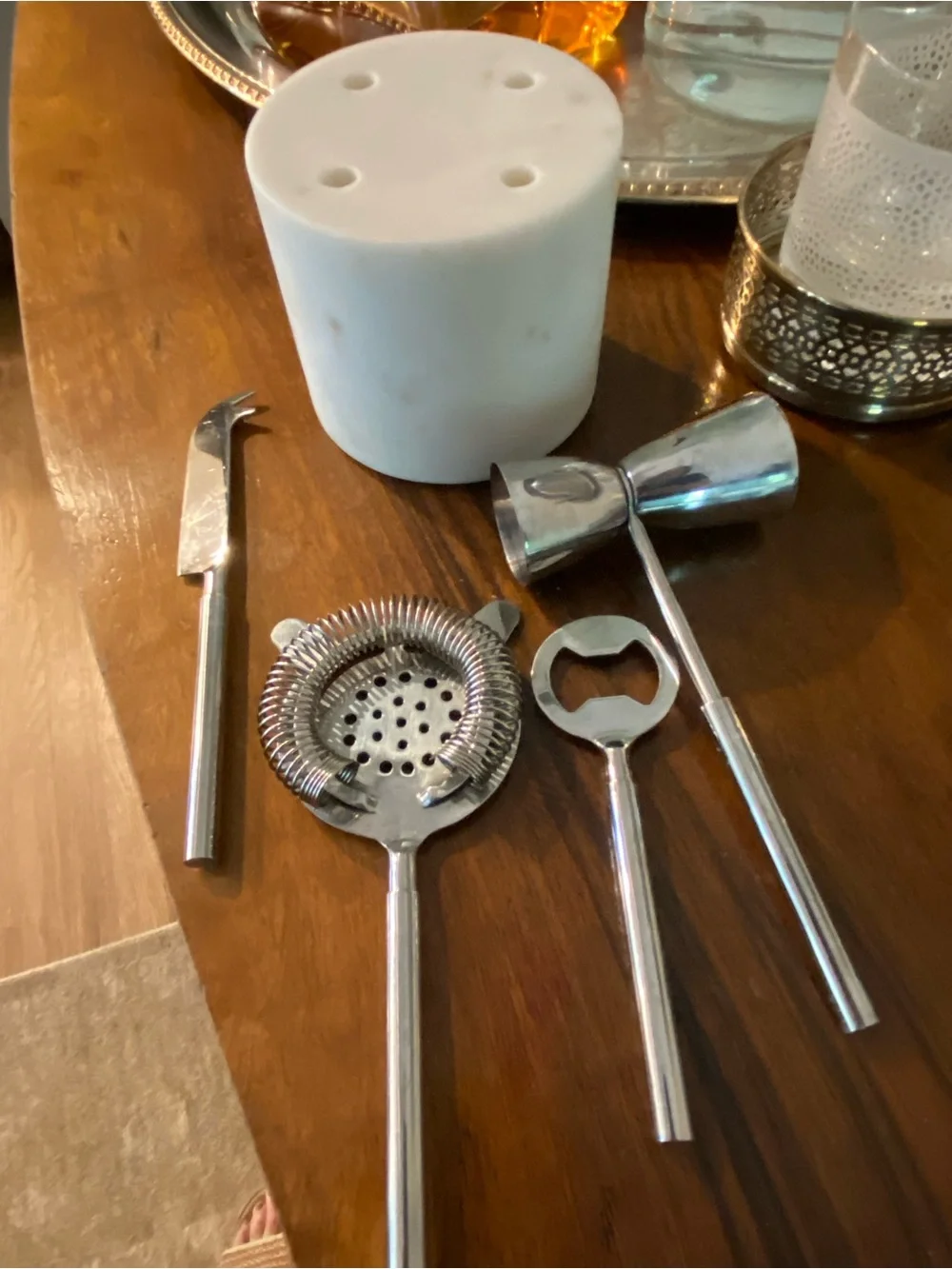 CB2 Marble Bar Tool Holder with Stainless Steel Cocktail Tools - White